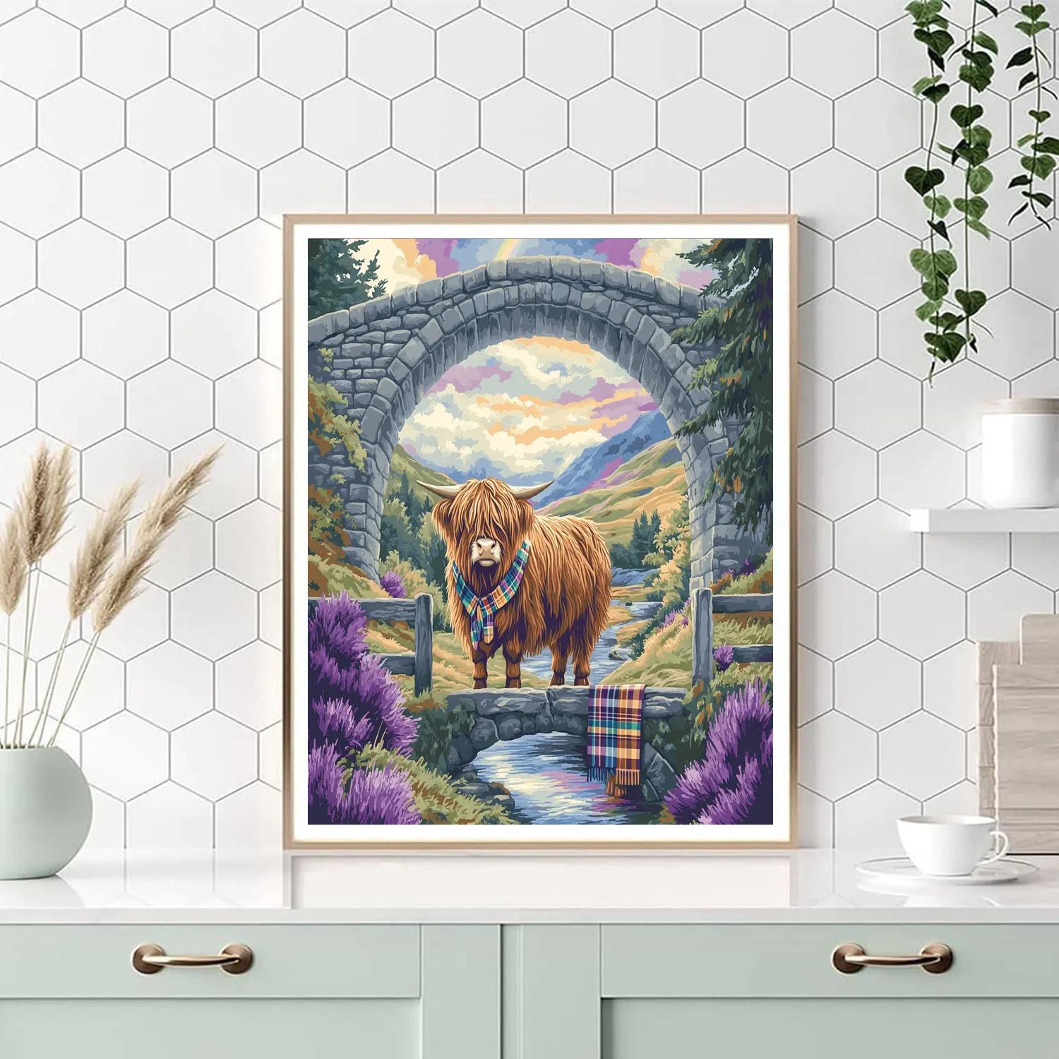Highland Cow Under Stone Arch Rainbow paint by numbers