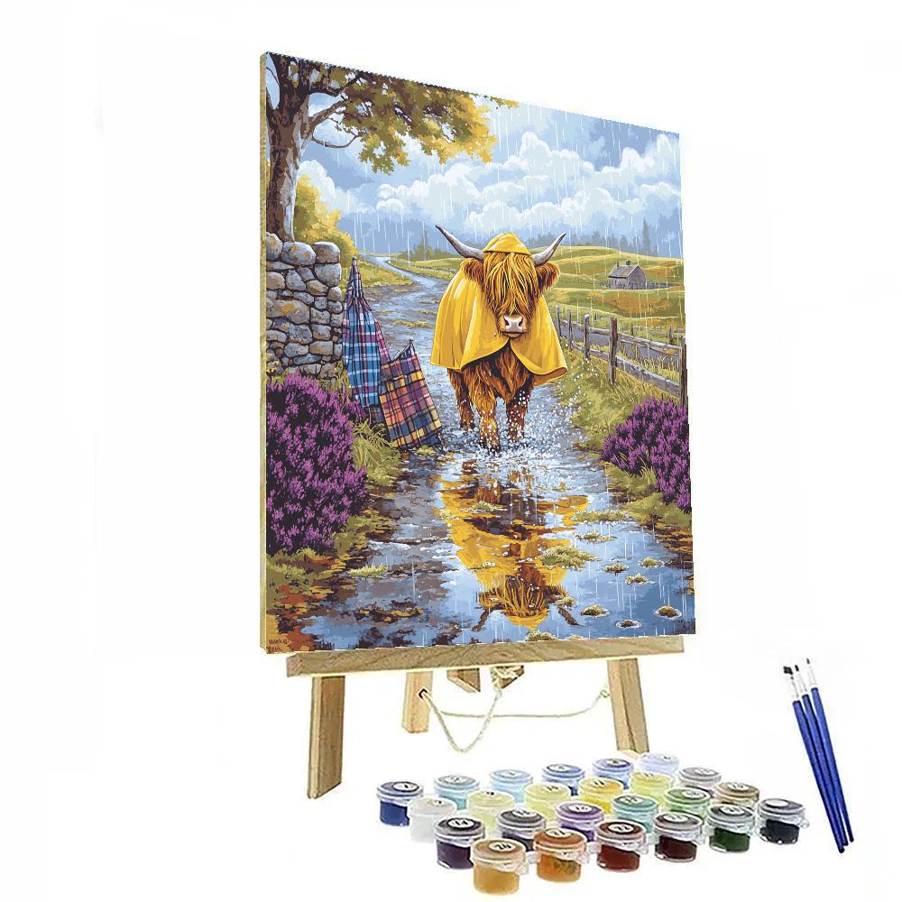 Highland Cow Raincoat And Puddles Painting by numbers kit