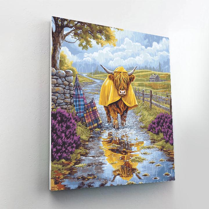 Highland Cow Raincoat And Puddles Painting by numbers kit