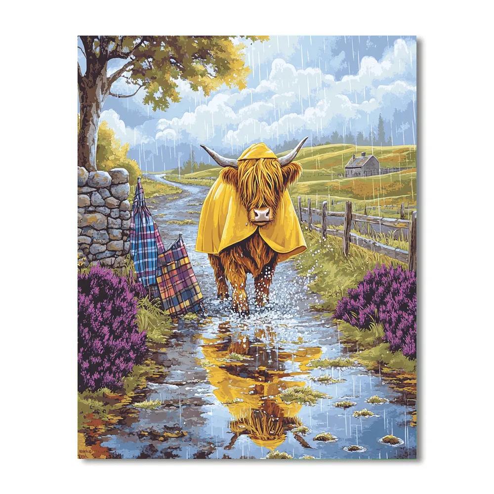 Highland Cow Raincoat And Puddles Painting by numbers kit
