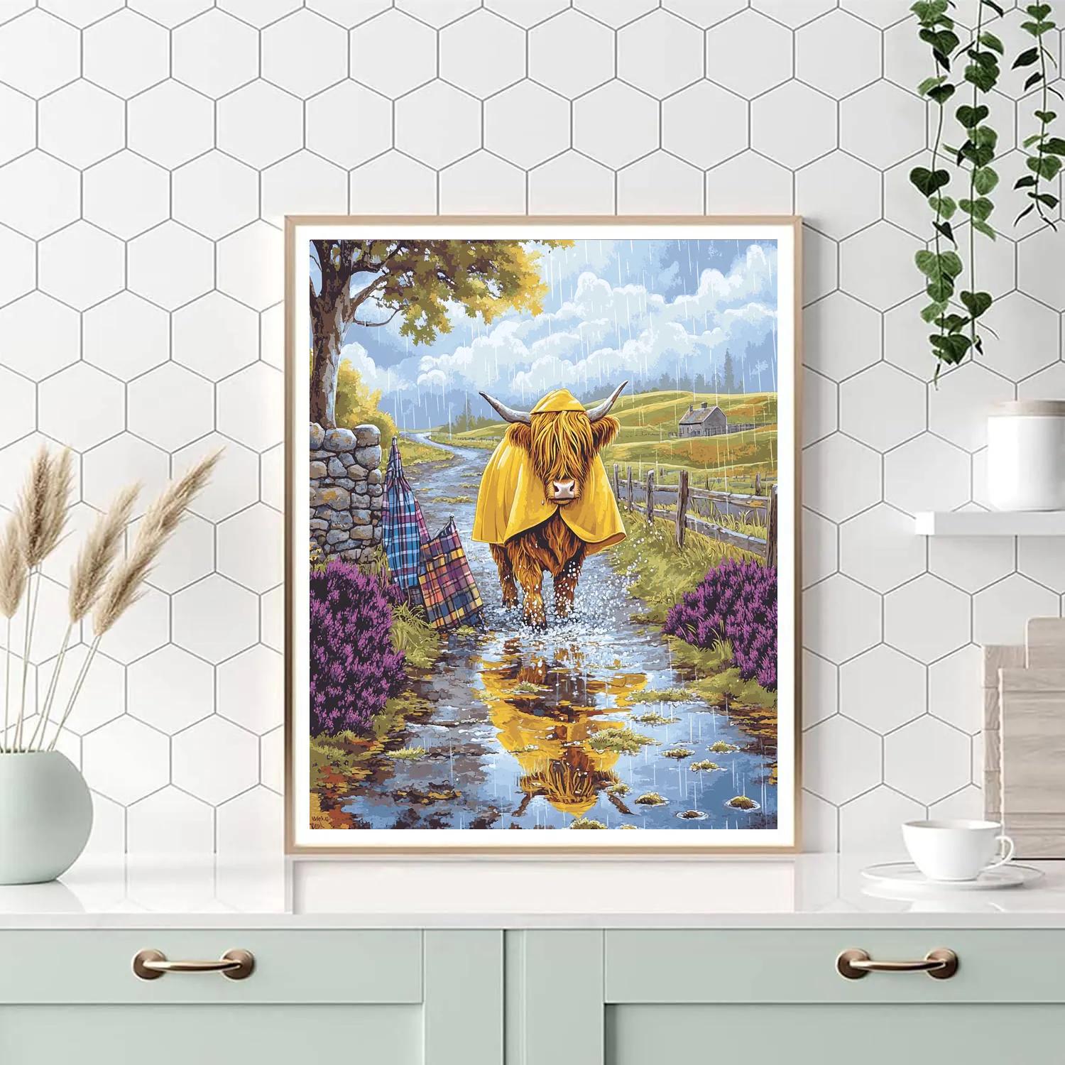 Highland Cow Raincoat And Puddles Painting by numbers kit