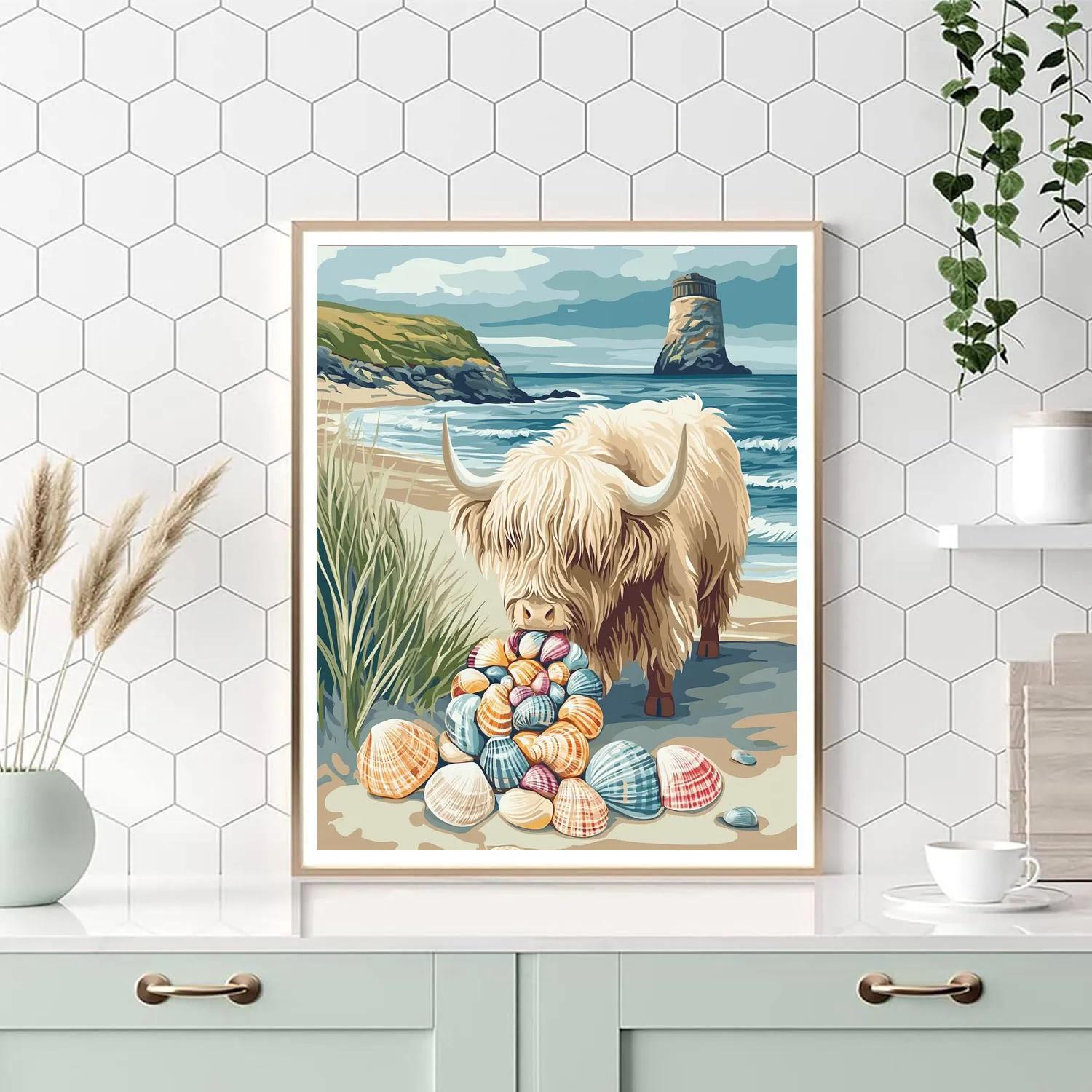 Highland Cow Coastal Shell Hunt Paint by numbers art