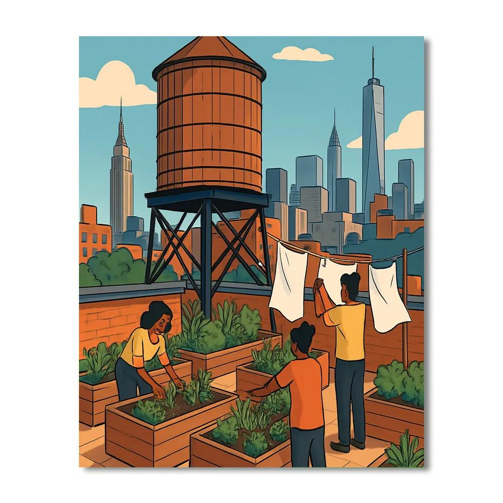 New York Water Tower Garden Skyline paint by numbers