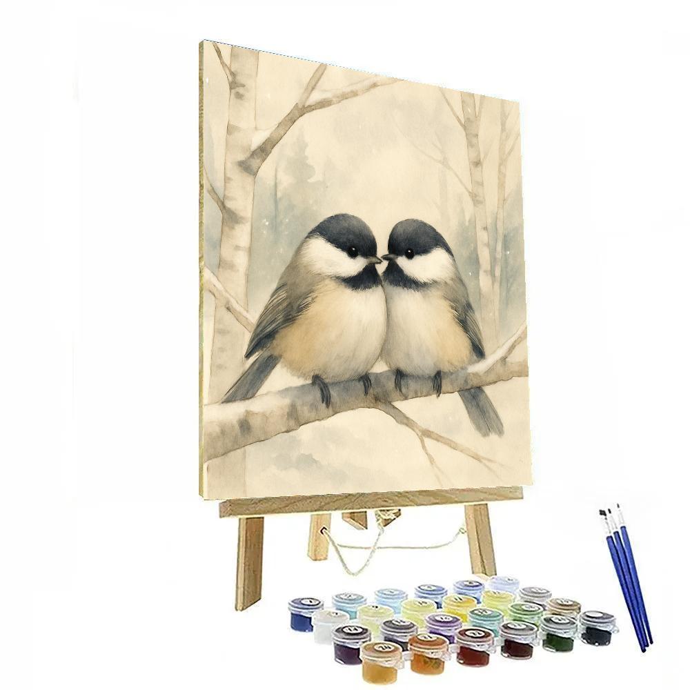 Snowy Birch Rest For Two Chickadees paint by number