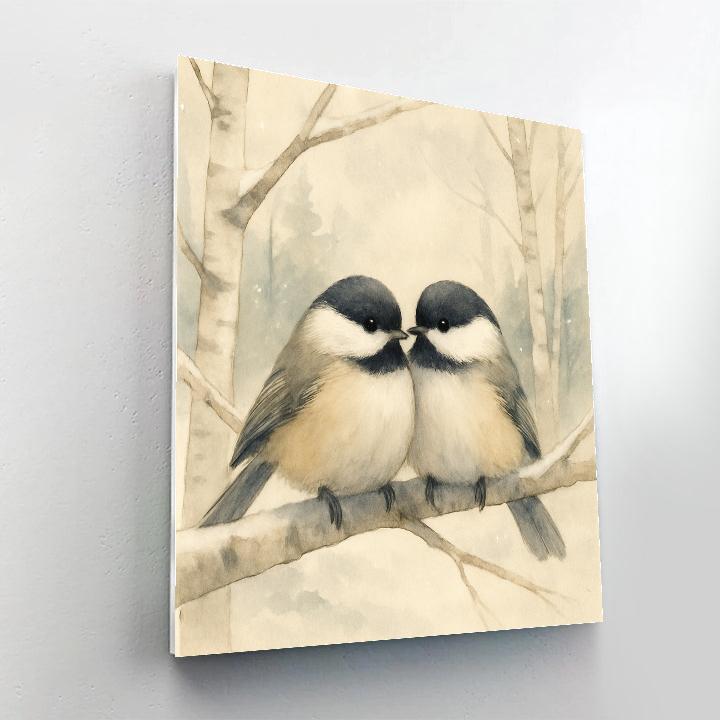 Snowy Birch Rest For Two Chickadees paint by number