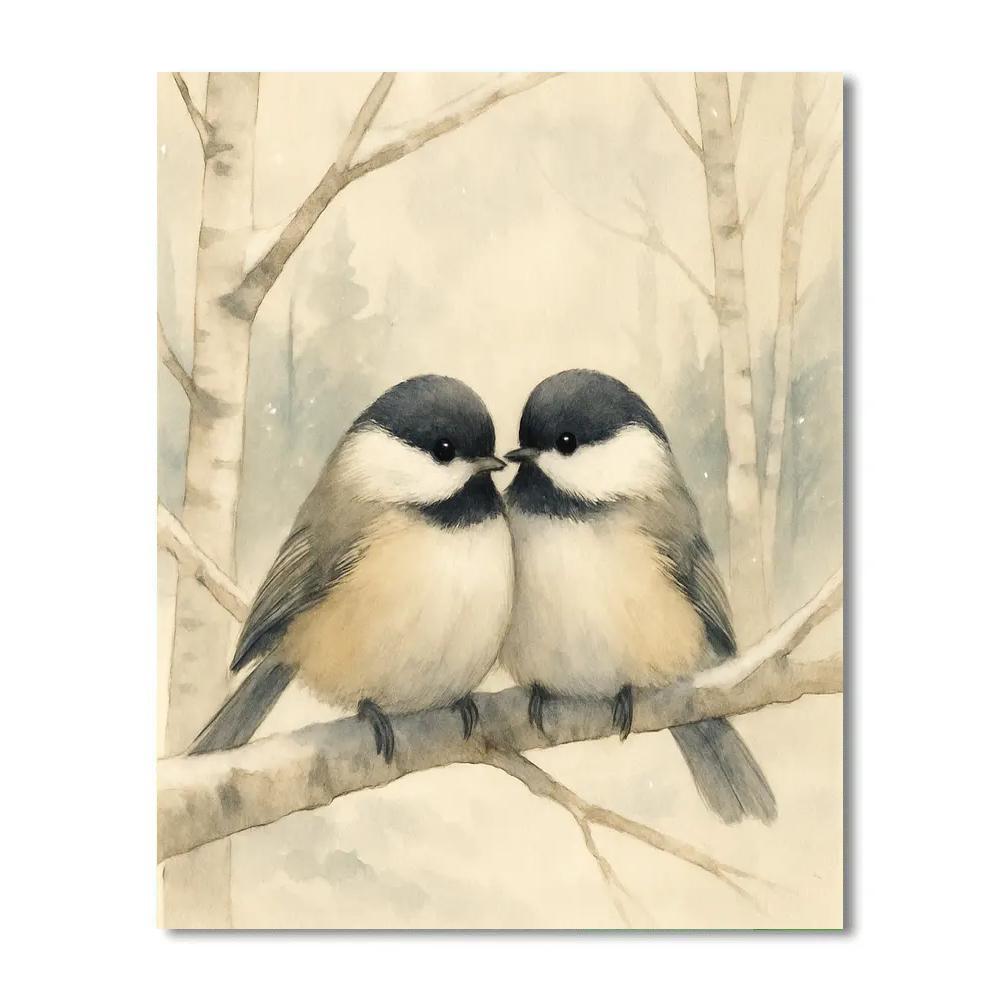 Snowy Birch Rest For Two Chickadees paint by number