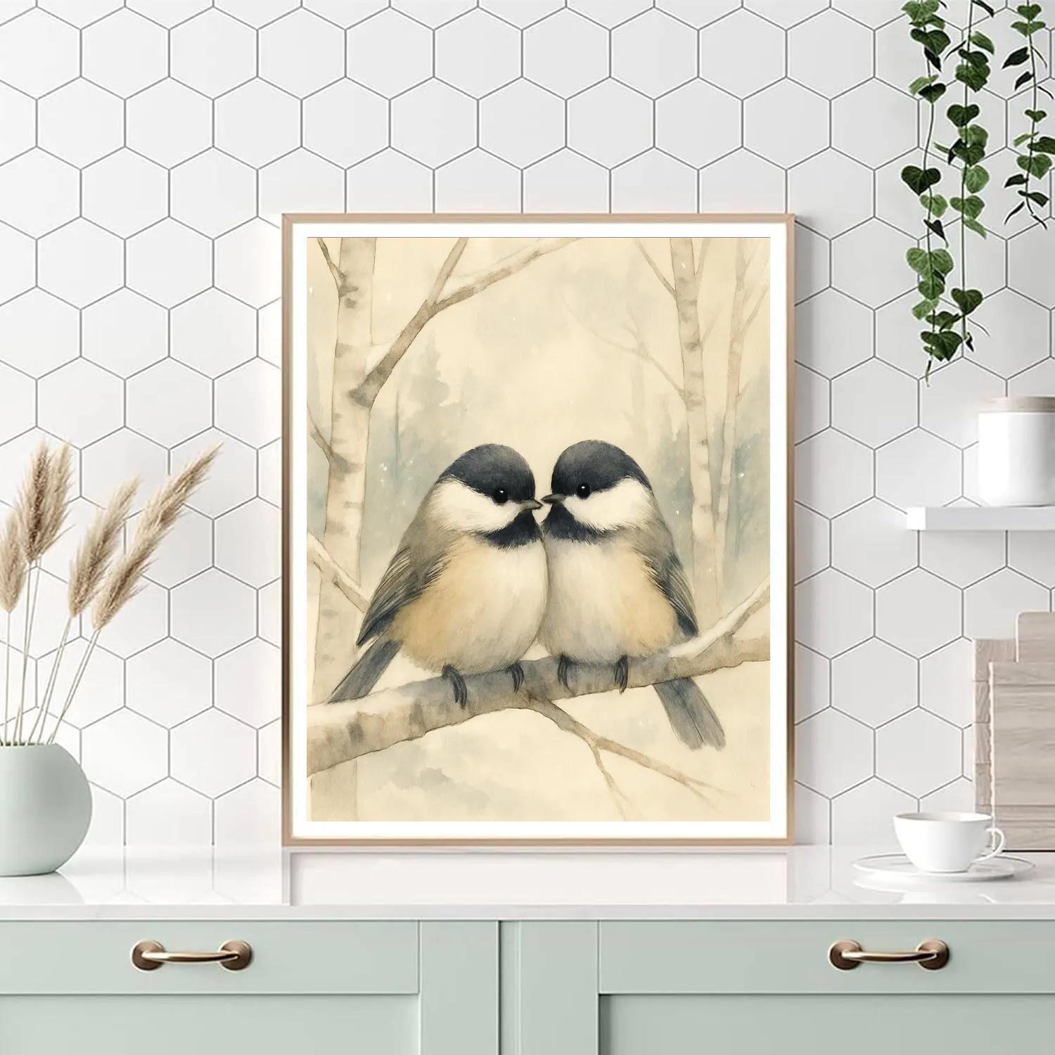 Snowy Birch Rest For Two Chickadees paint by number