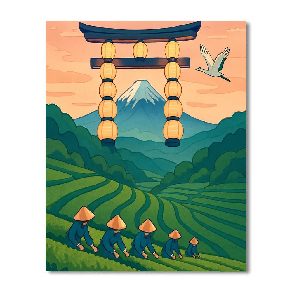 Lantern Crafted Torii Over Japan Tea Terraces paint by number