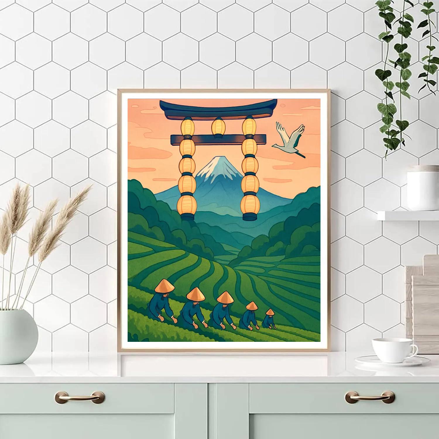 Lantern Crafted Torii Over Japan Tea Terraces paint by number