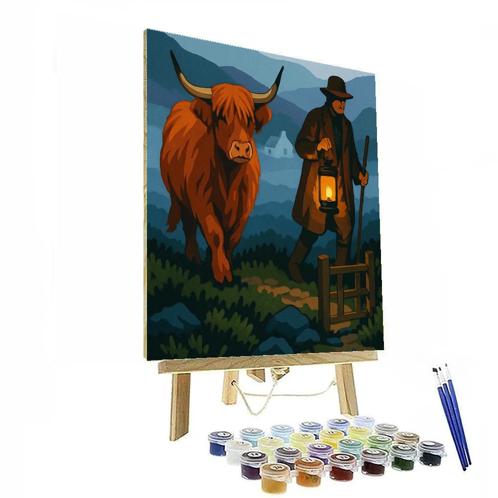 Lantern Lit Cow On The Misty Moor painting number kit