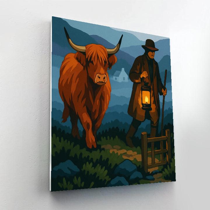 Lantern Lit Cow On The Misty Moor painting number kit