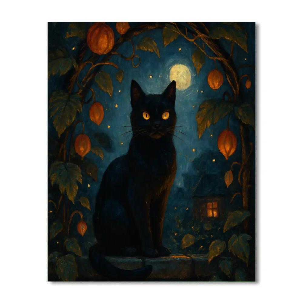Black Cat Under The Starlit Pumpkin Trellis Numbered painting kits