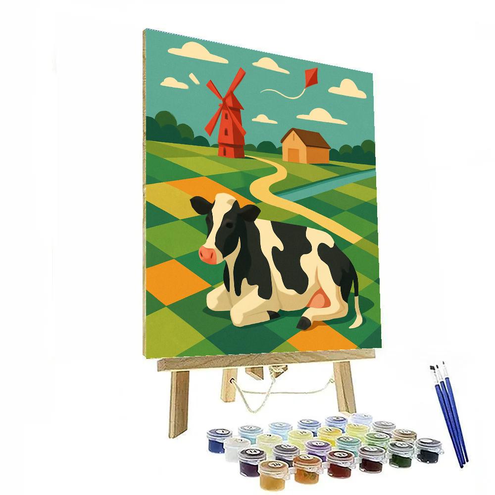Patchwork Windmill Meadow With Cow Numbered painting kits