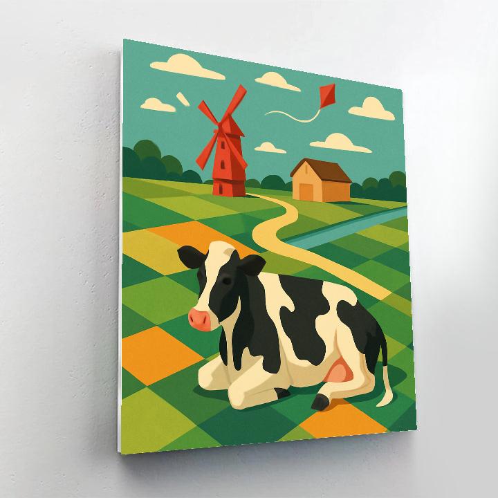 Patchwork Windmill Meadow With Cow Numbered painting kits