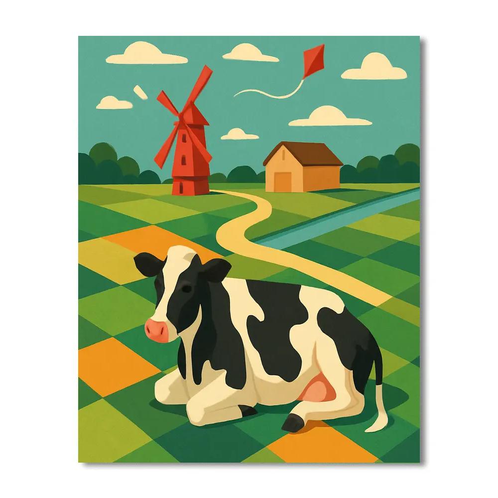 Patchwork Windmill Meadow With Cow Numbered painting kits