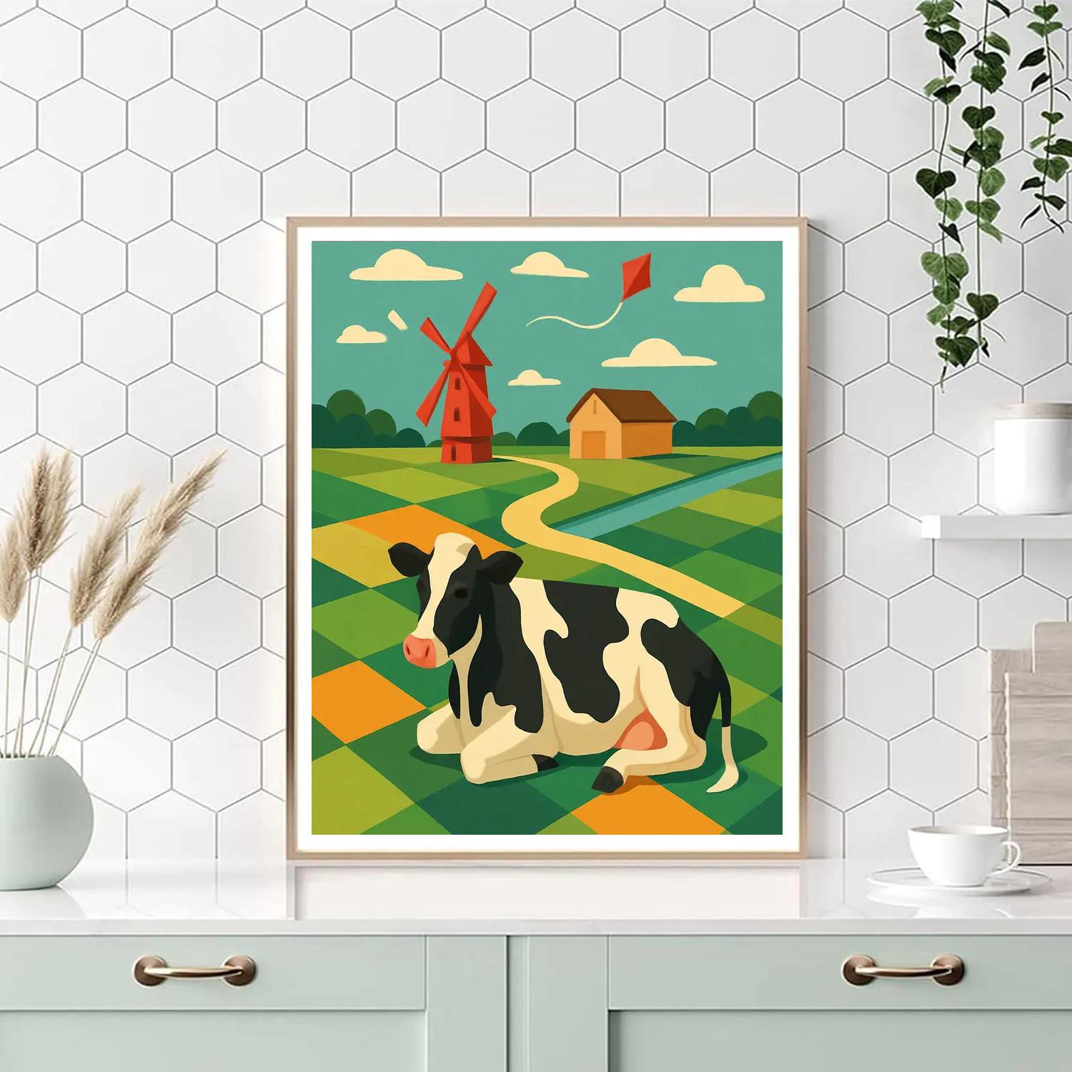 Patchwork Windmill Meadow With Cow Numbered painting kits