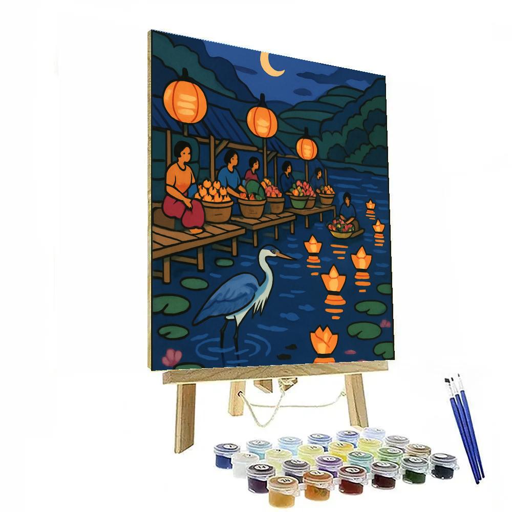 Floating Lantern Market With Lake Reflections Numbered painting kits