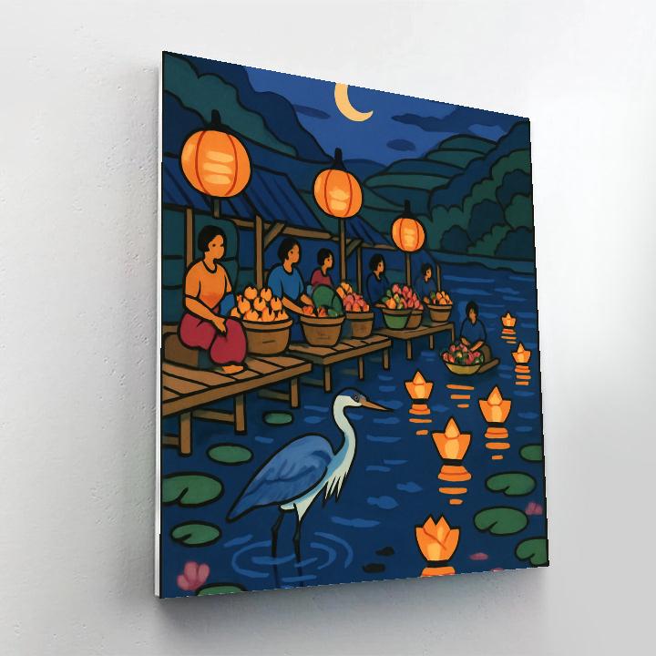 Floating Lantern Market With Lake Reflections Numbered painting kits