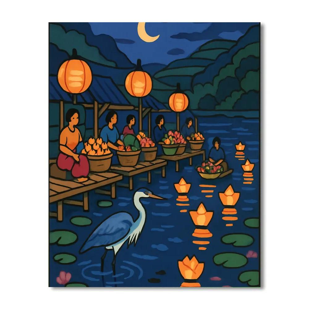 Floating Lantern Market With Lake Reflections Numbered painting kits