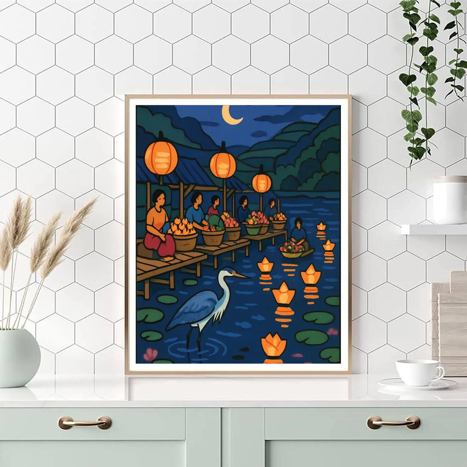Floating Lantern Market With Lake Reflections Numbered painting kits