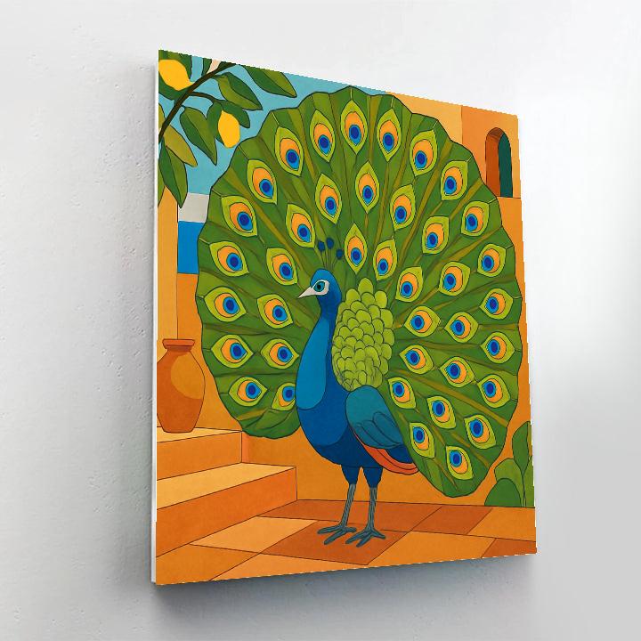 Courtship Parade With Peacock On Terracotta Steps Number painting