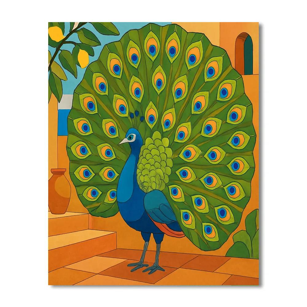 Courtship Parade With Peacock On Terracotta Steps Number painting