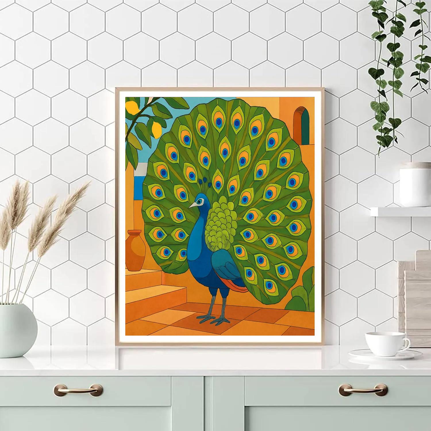 Courtship Parade With Peacock On Terracotta Steps Number painting