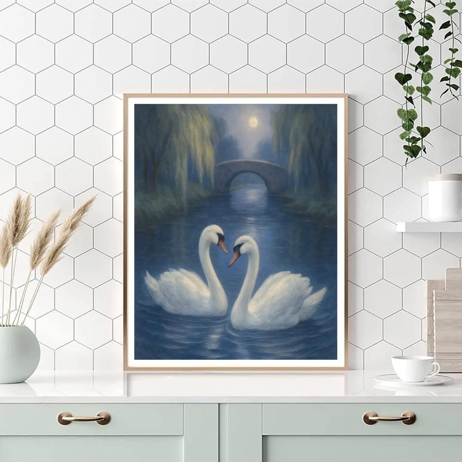 Moonlit Swans On A Quiet Canal paint by number