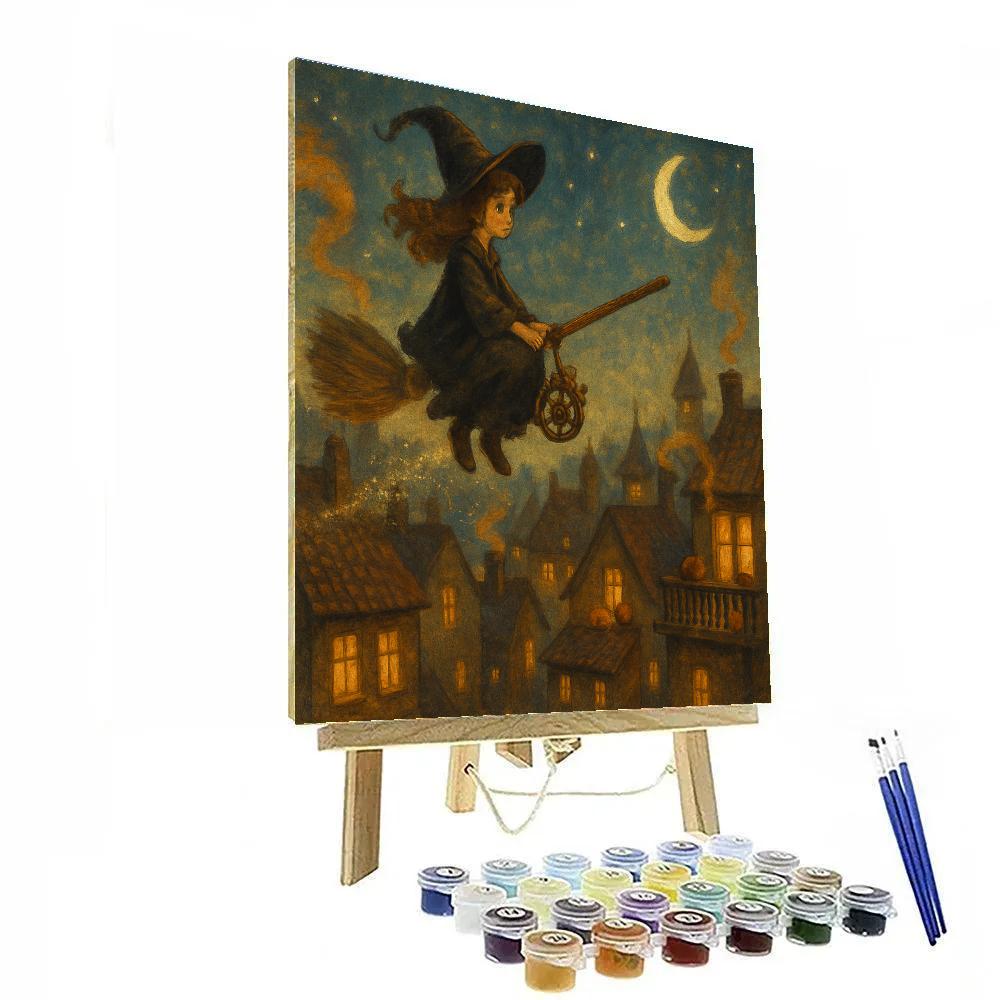 Clockwork Broom Ride Over Amber Rooftops paint by color