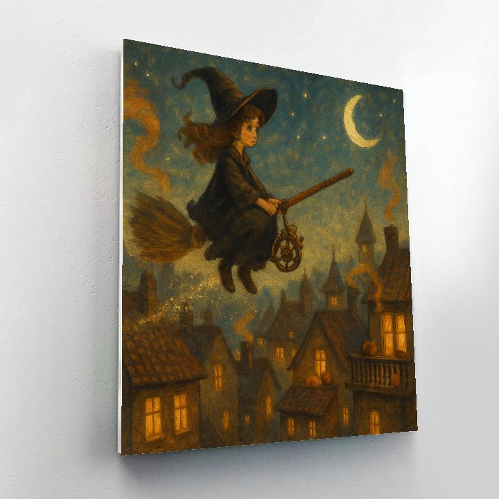 Clockwork Broom Ride Over Amber Rooftops paint by color