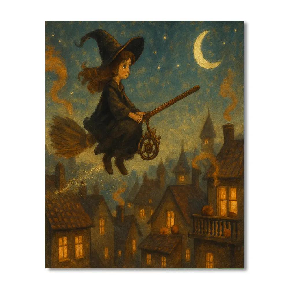 Clockwork Broom Ride Over Amber Rooftops paint by color