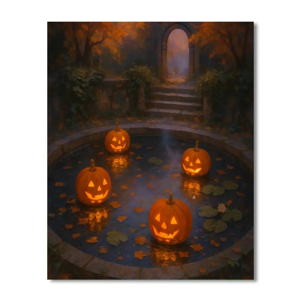 Moonwell Garden With Floating Jack O Lanterns paint by color