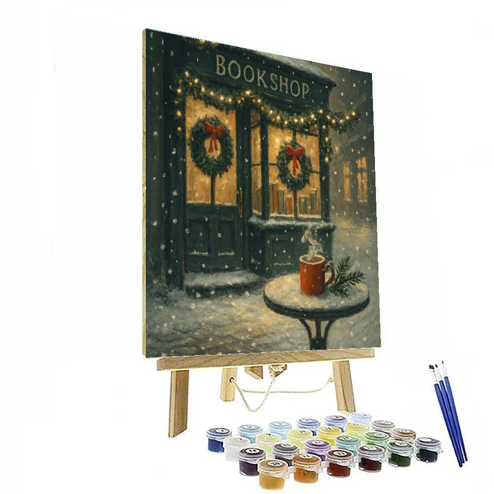 The Snowy Bookshop Corner With Cocoa Steam Paint by numbers art