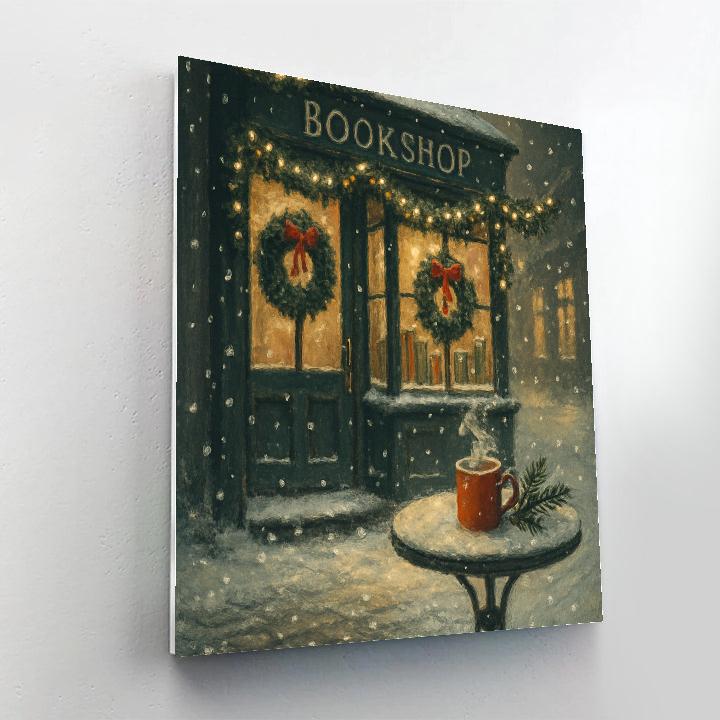 The Snowy Bookshop Corner With Cocoa Steam Paint by numbers art