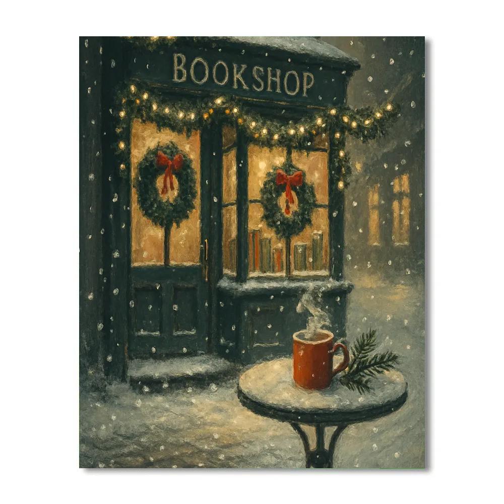 The Snowy Bookshop Corner With Cocoa Steam Paint by numbers art