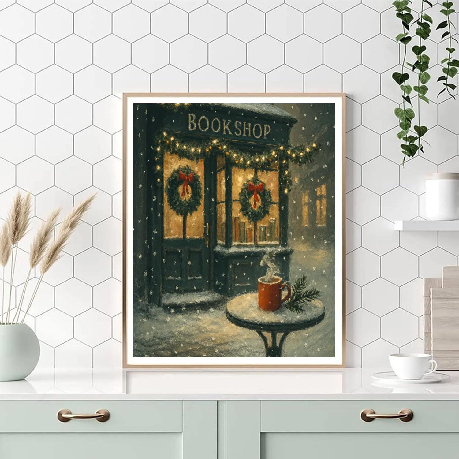 The Snowy Bookshop Corner With Cocoa Steam Paint by numbers art