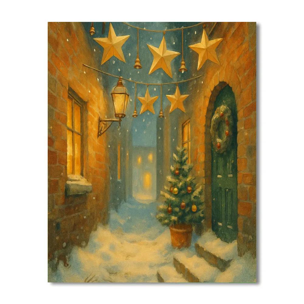 Festival Of Paper Stars In Snowy Alley Paint by numbers art