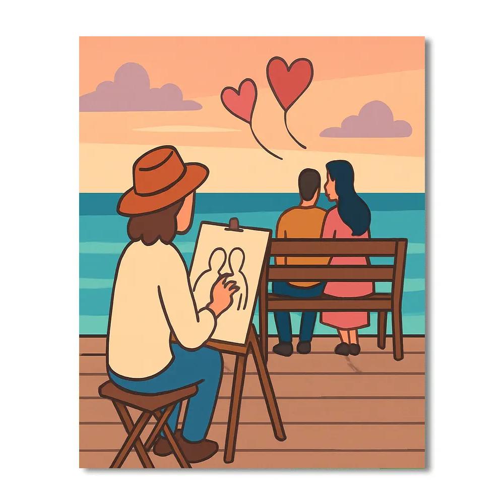 Seaside Boardwalk Valentines Day Sketch paint by number