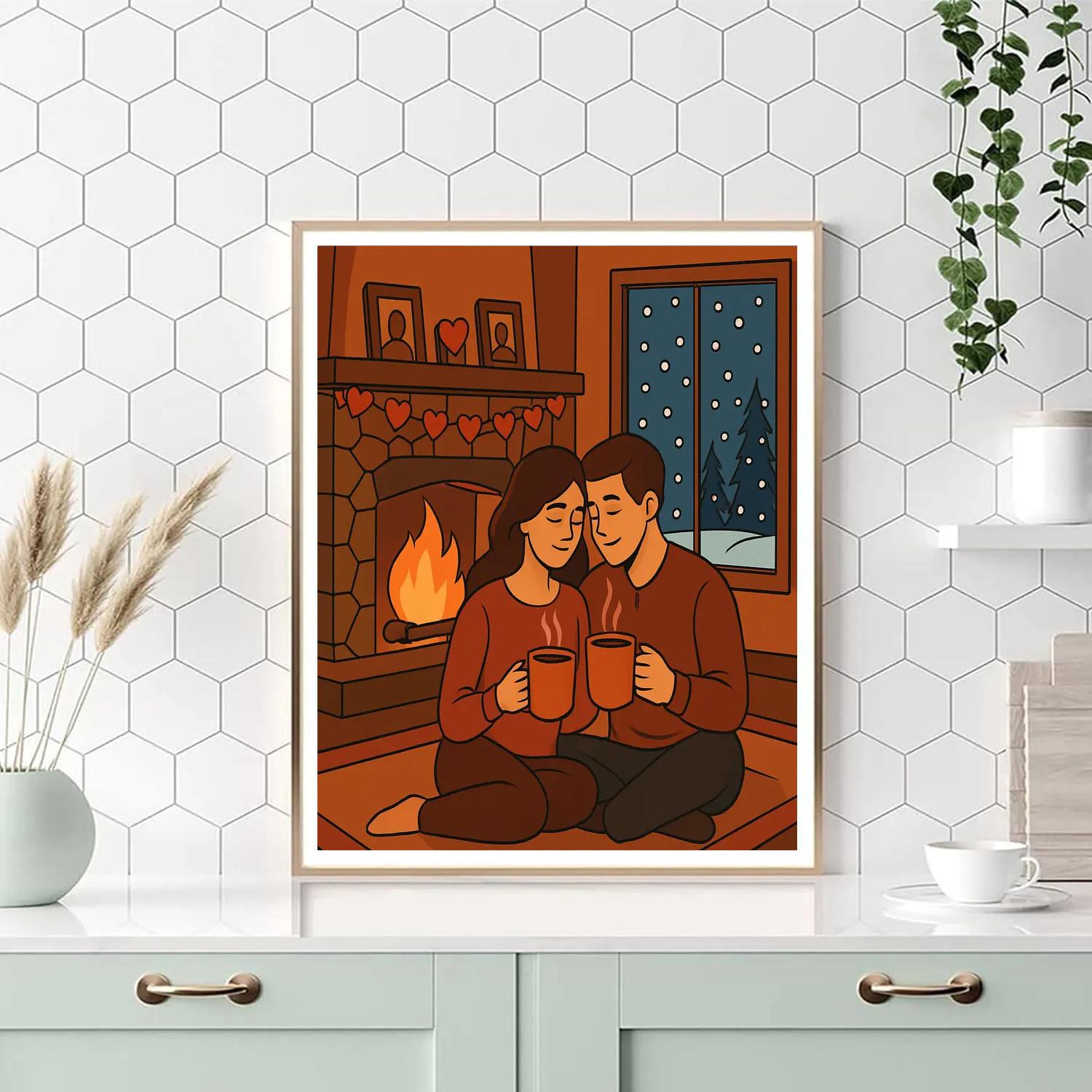Cozy Cabin Fireplace Valentines Day Evening Paint by numbers art