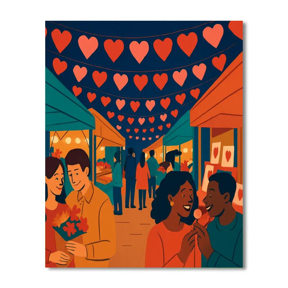 Valentines Day Street Market Of Lantern Hearts Painting by numbers kit