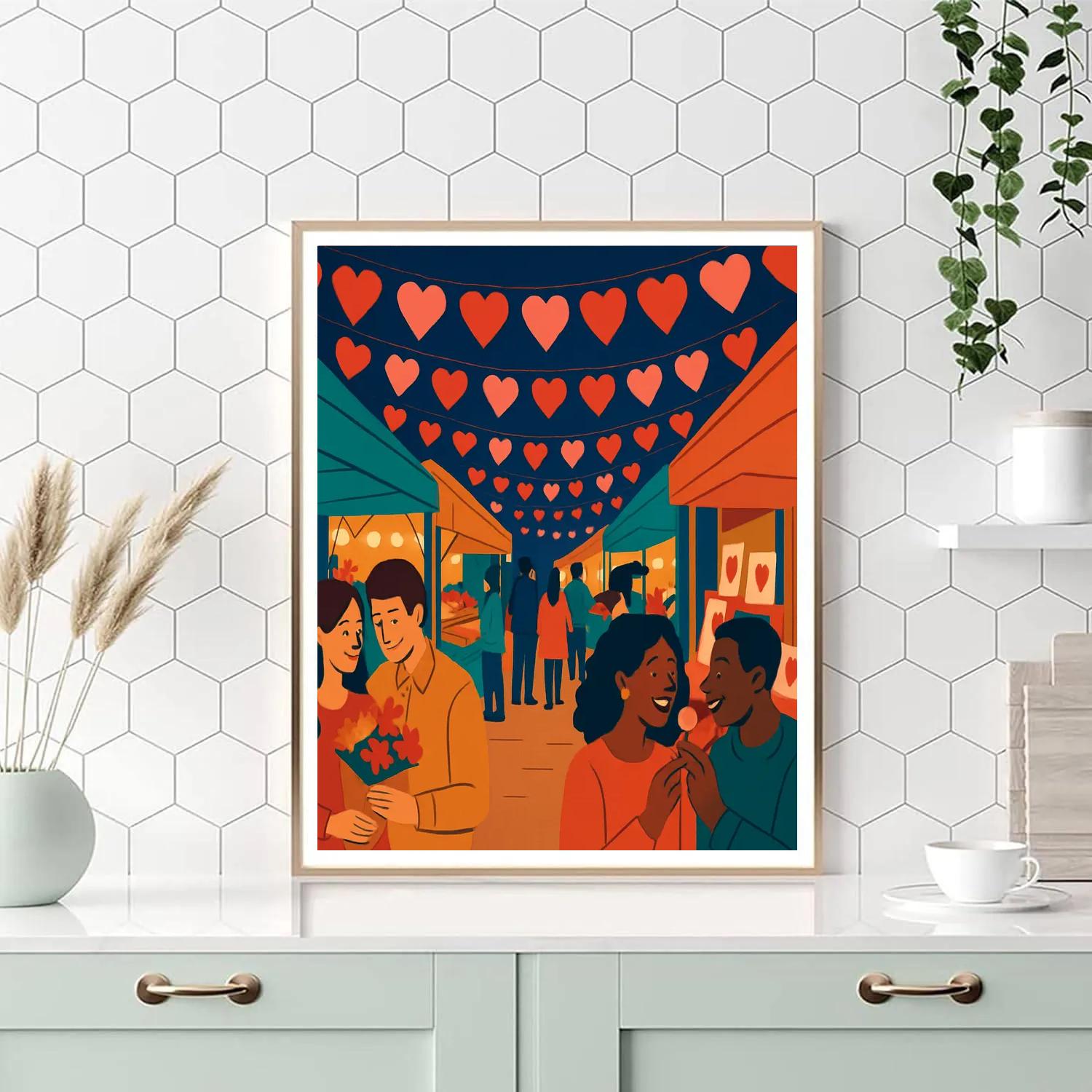 Valentines Day Street Market Of Lantern Hearts Painting by numbers kit