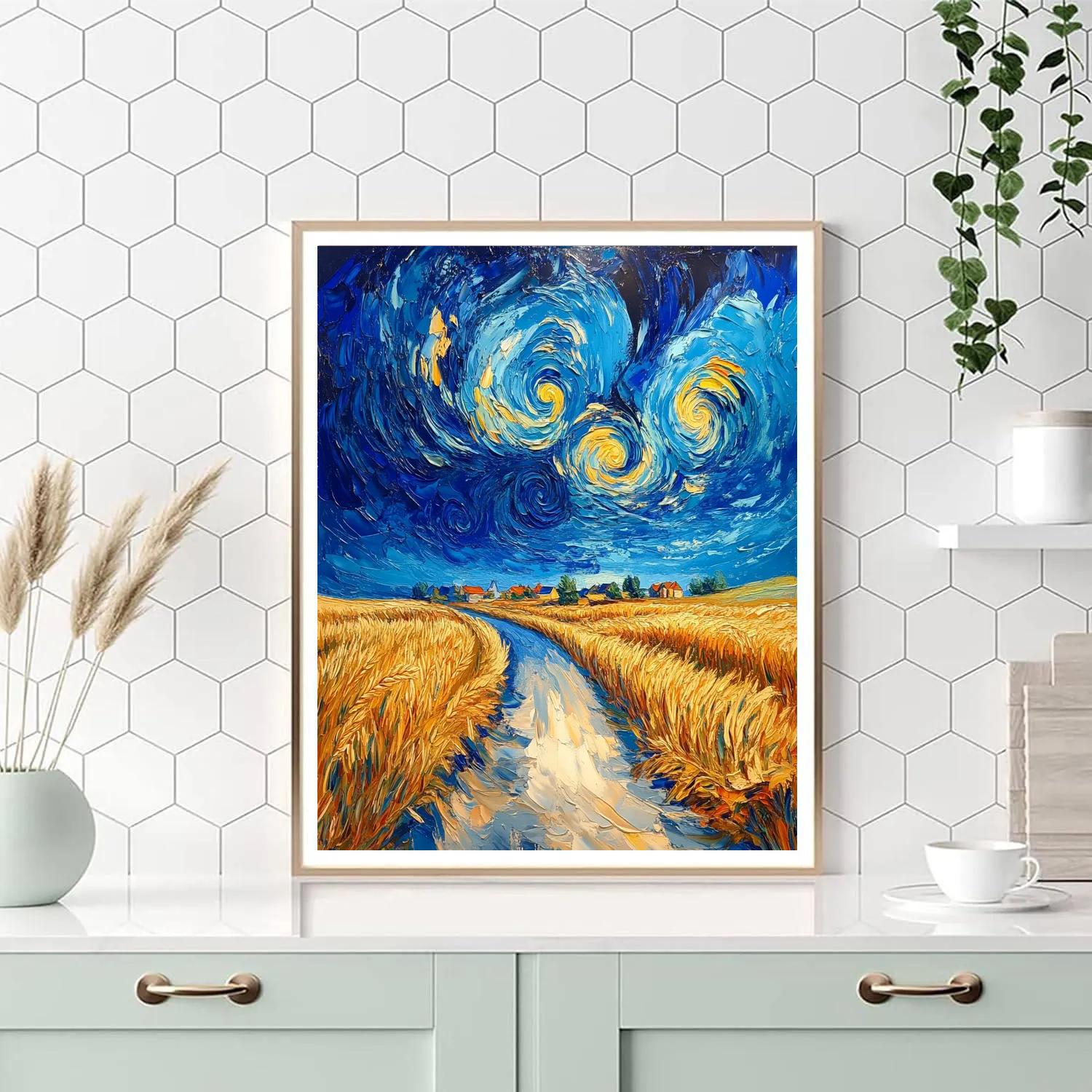Van Gogh Inspired Stormy Wheatfield Road paint by number
