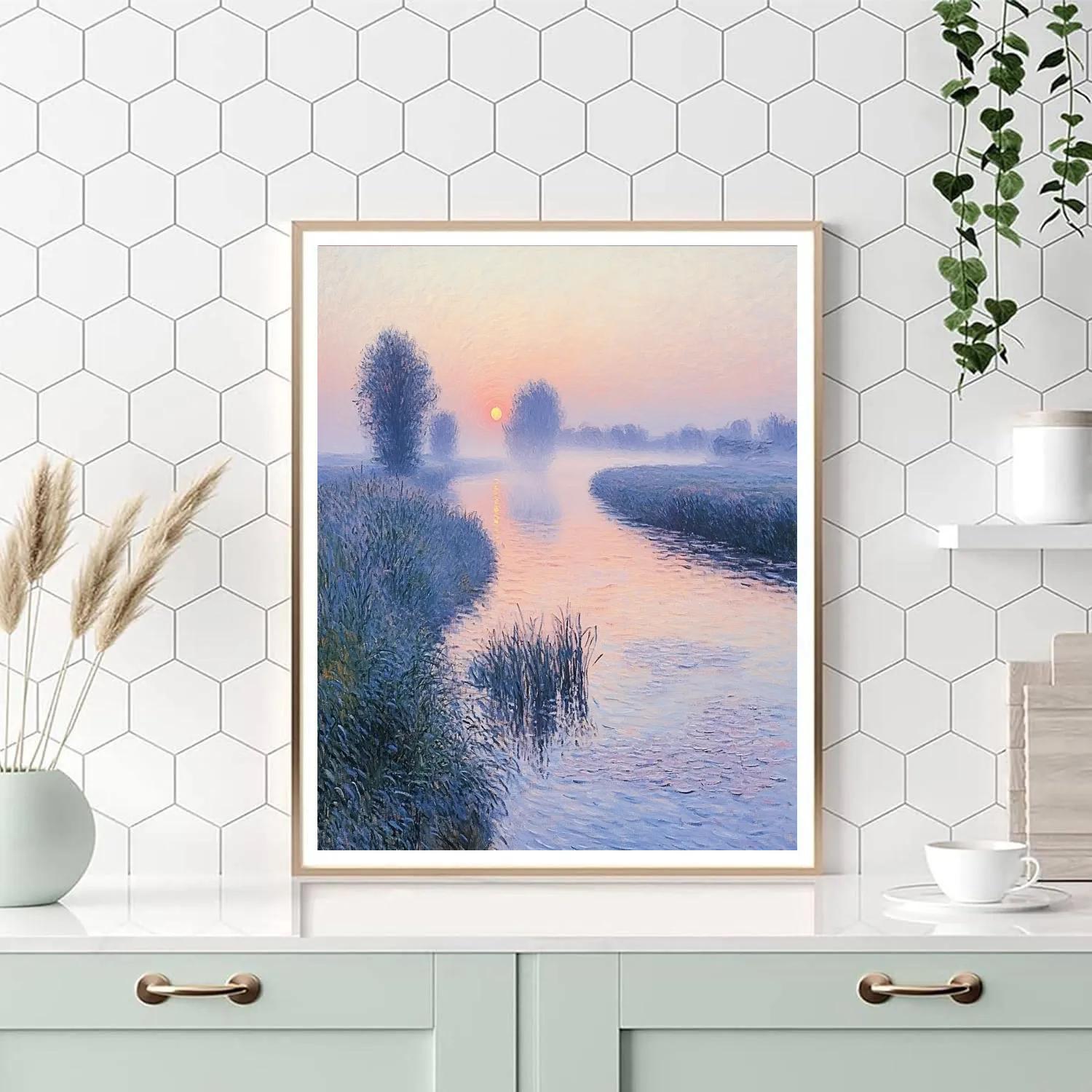 Claude Monet Inspired Sunrise Over Misty River paint by color