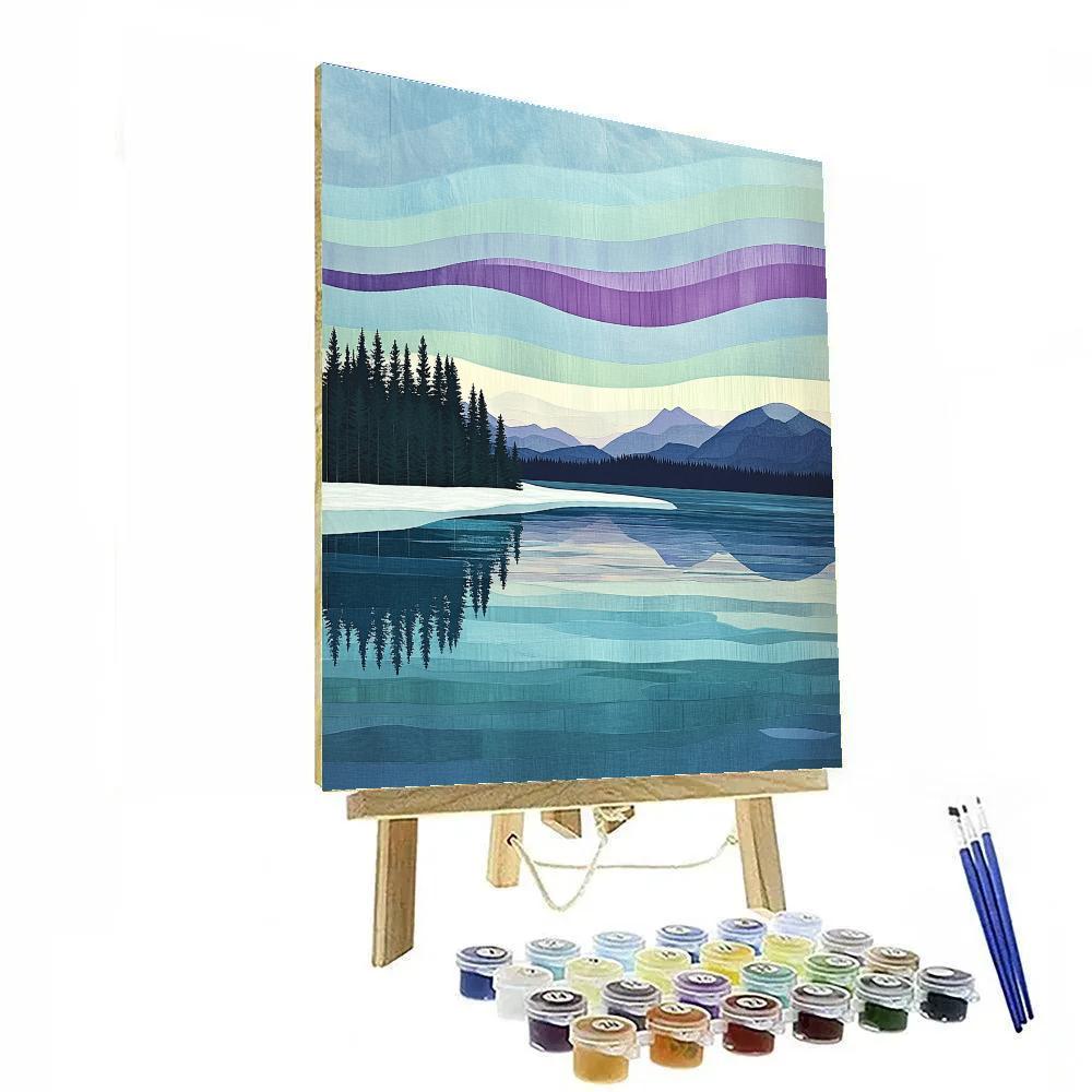 Lawren Harris Inspired Still Northern Lake With Ochre Shore And Auroral Veil Painting by numbers kit