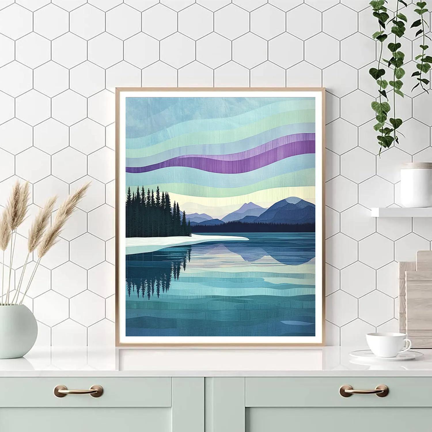 Lawren Harris Inspired Still Northern Lake With Ochre Shore And Auroral Veil Painting by numbers kit