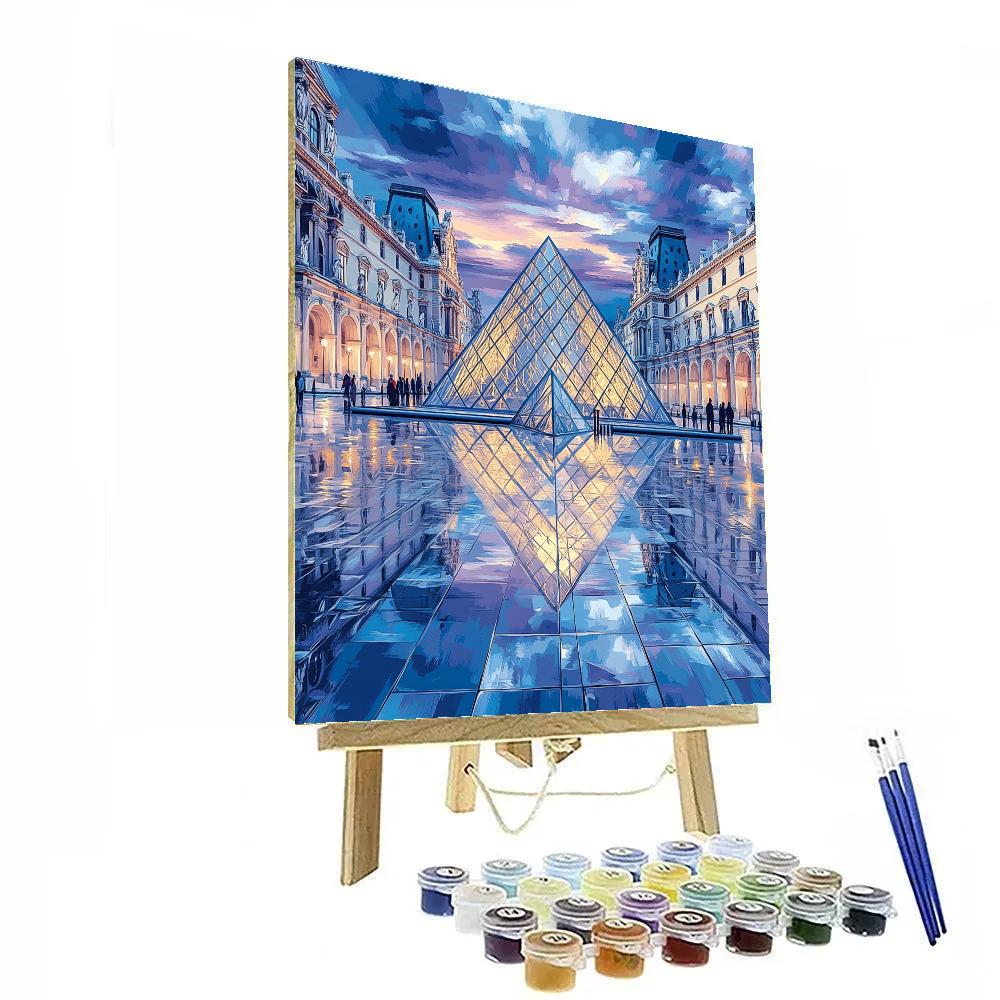 Mirrored Facets Of The Louvre Pyramid At Blue Hour Paris France Numbered painting kits
