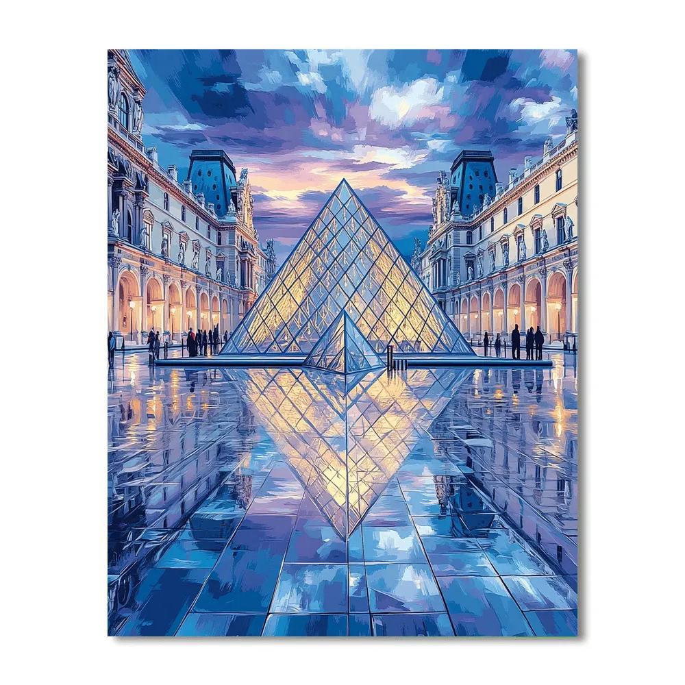 Mirrored Facets Of The Louvre Pyramid At Blue Hour Paris France Numbered painting kits