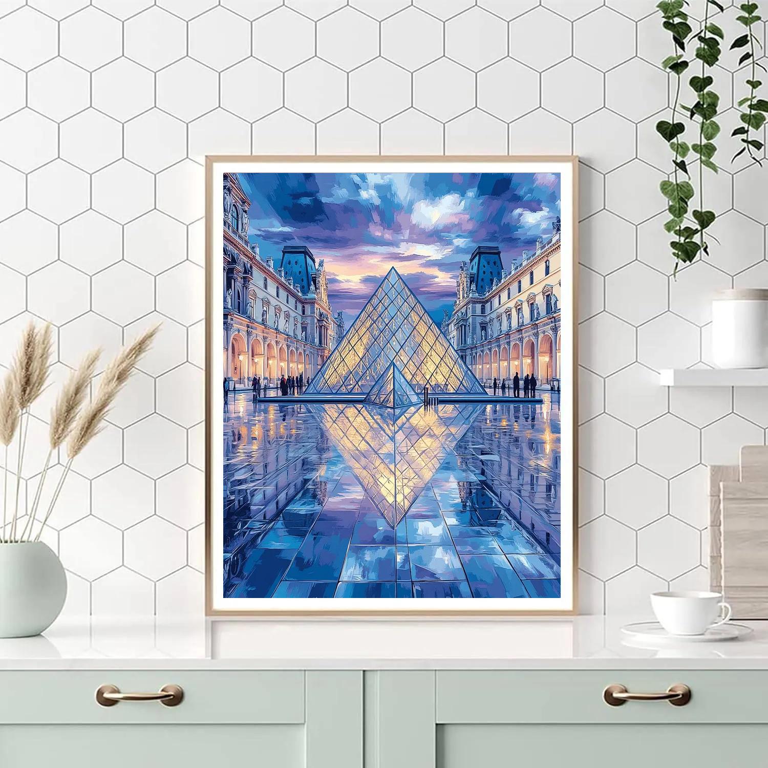 Mirrored Facets Of The Louvre Pyramid At Blue Hour Paris France Numbered painting kits