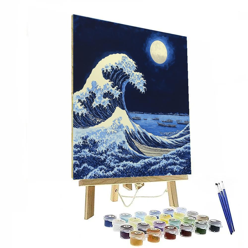 Hokusai Inspired Great Wave Over Moonlit Harbor DIY paint by numbers