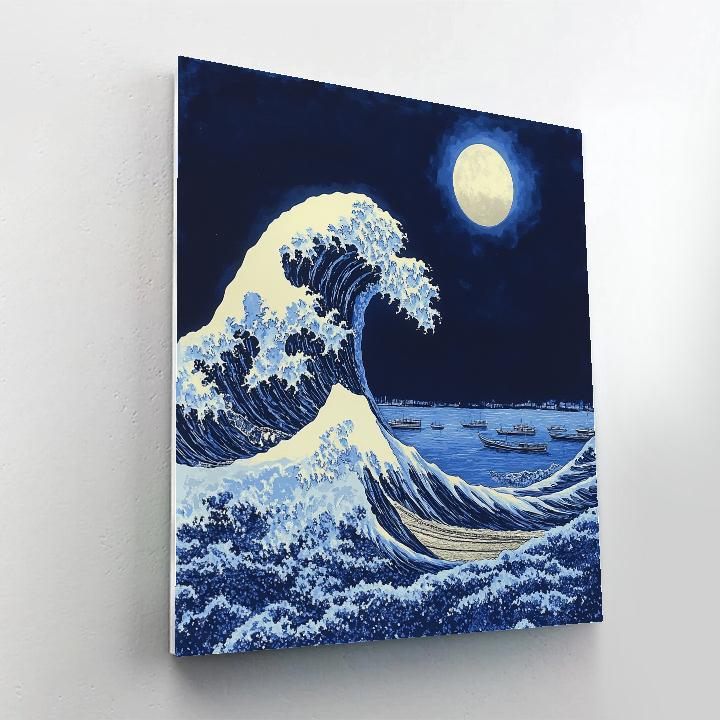 Hokusai Inspired Great Wave Over Moonlit Harbor DIY paint by numbers